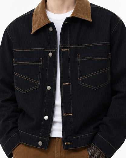 Corduroy Collar Denim Jacket and Cargo Pants Set
