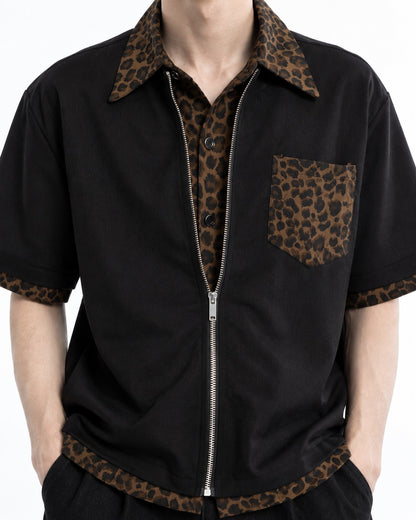 Leopard Trim Zip Shirt