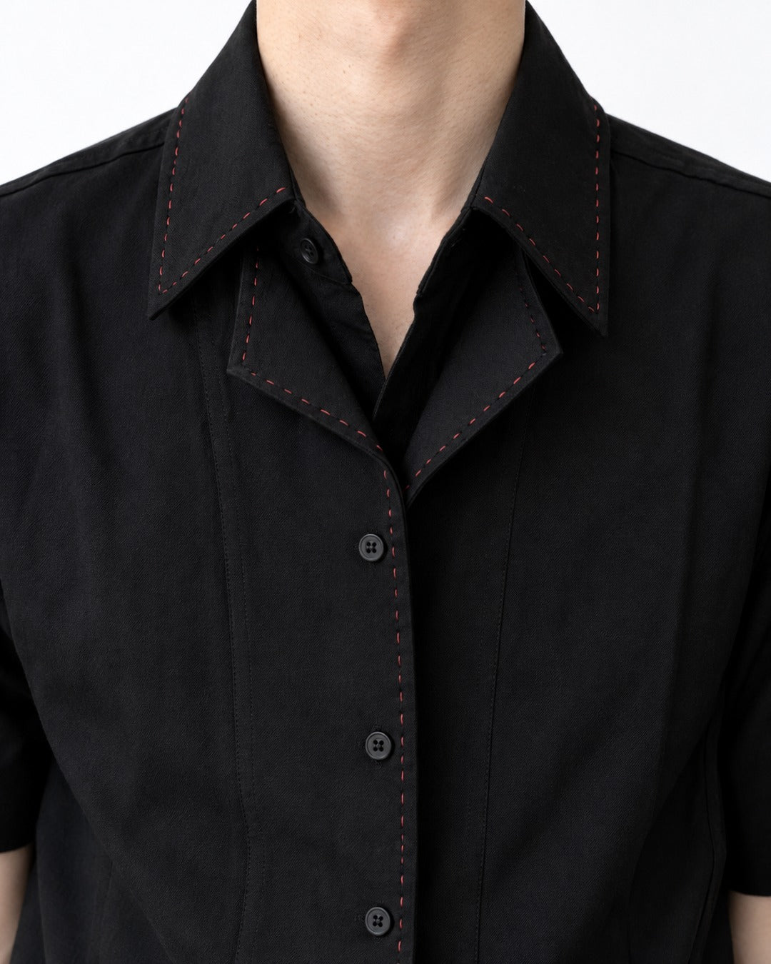 Double Collar Hand-Stitched Short-Sleeve Shirt