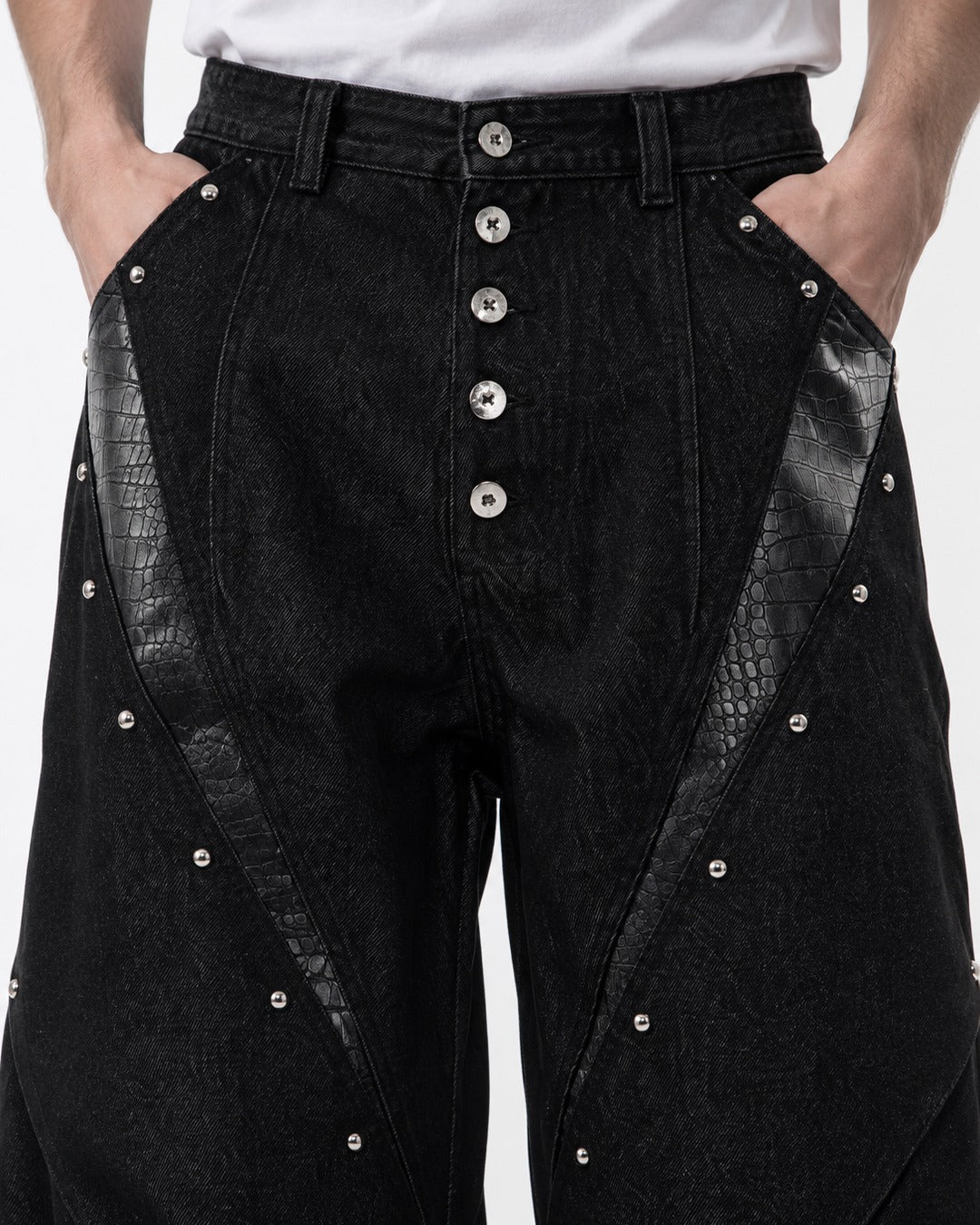 Snake Texture Panel Studded Jeans