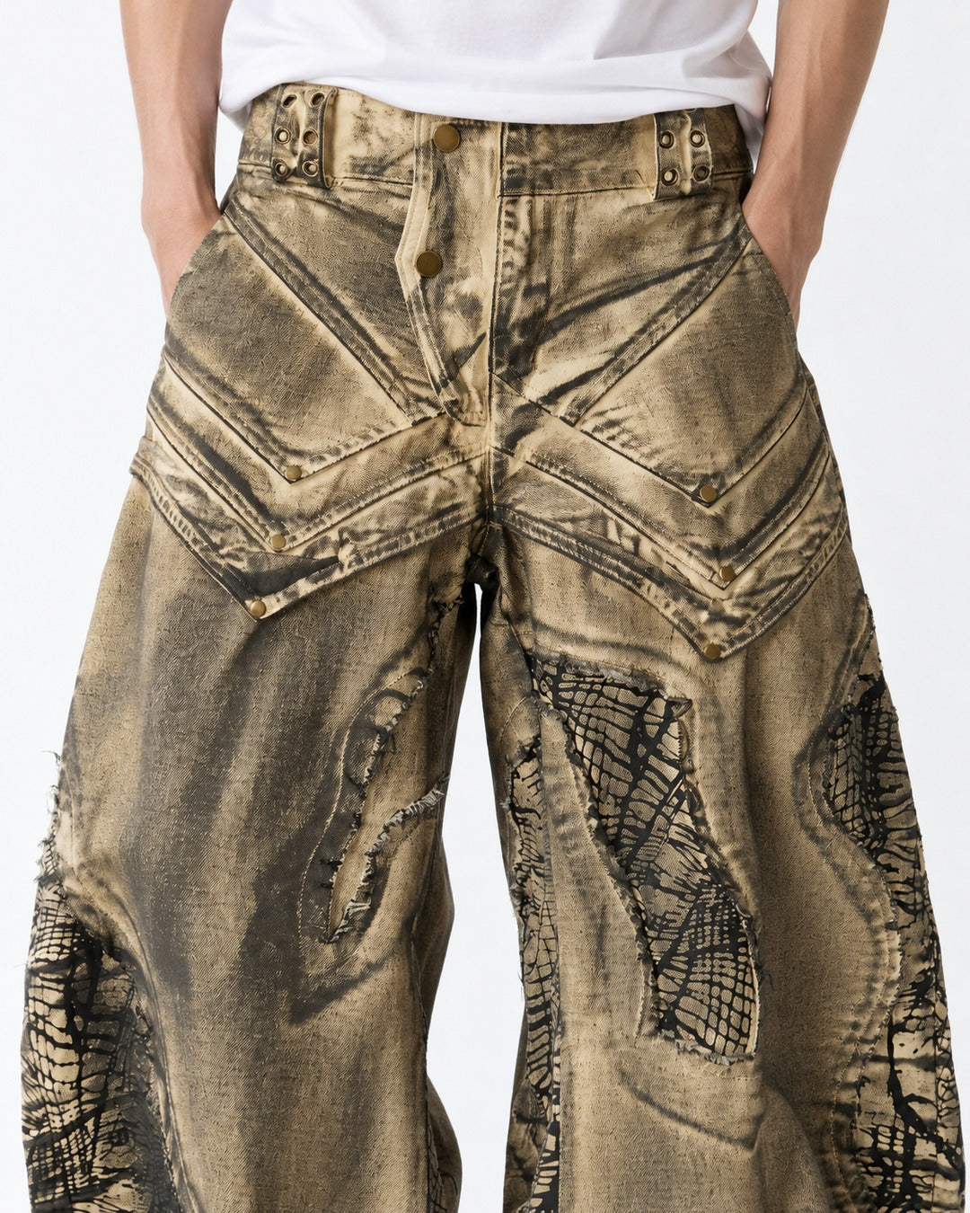 Gold Coated Deconstructed Wide Jeans