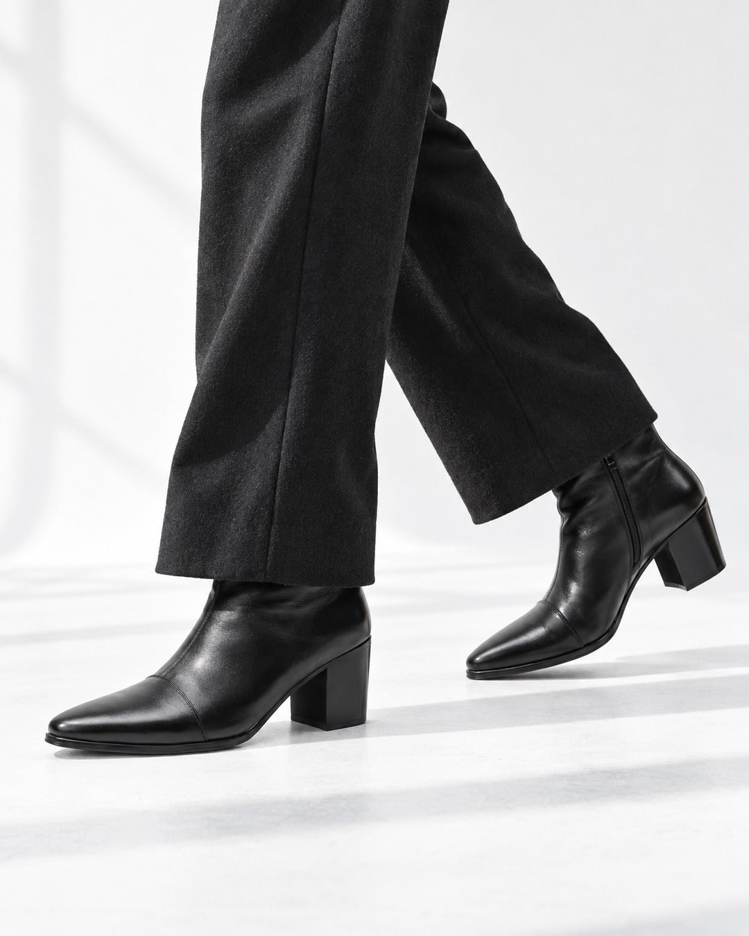 Pointed-Toe Block-Heel Zip Ankle Boots