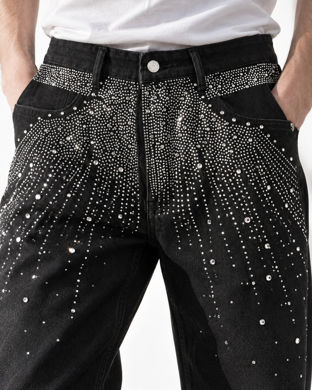 Rhinestone Burst Wide-Leg Black Jeans