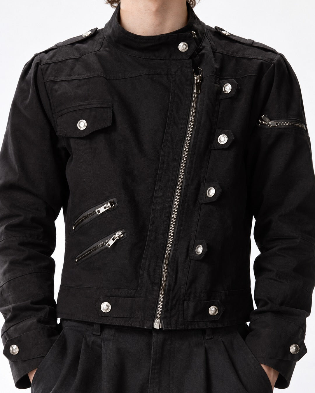 Studded Diagonal-Zip Stand Collar Jacket