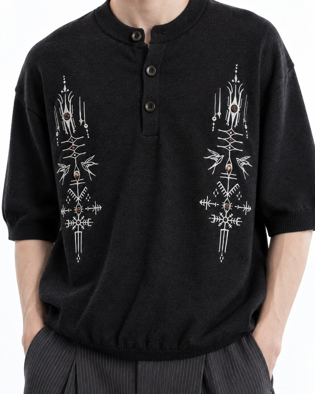 Embroidered Short-Sleeve Henley Knit Top