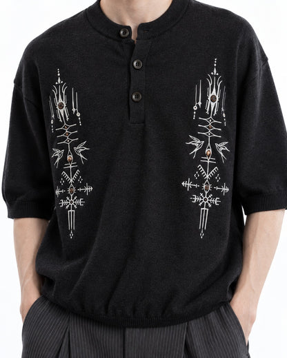 Embroidered Short-Sleeve Henley Knit Top