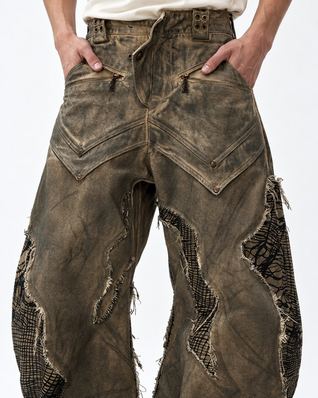 Mud-Dyed Mesh Patch Wide Pants