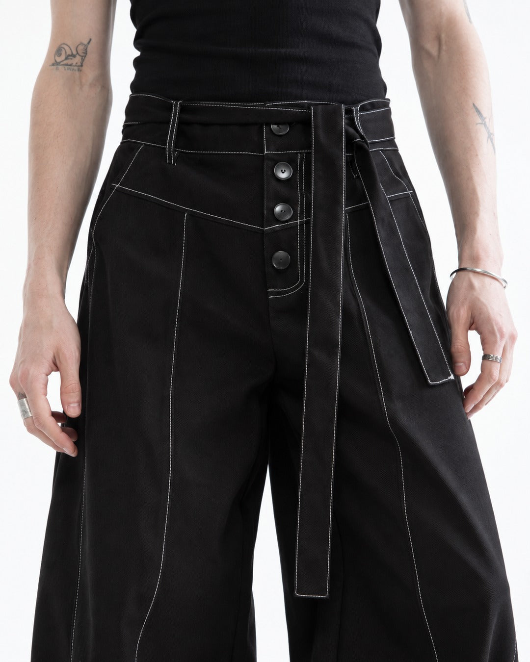 Contrast Stitch Wide-Leg Pants with Tie Belt