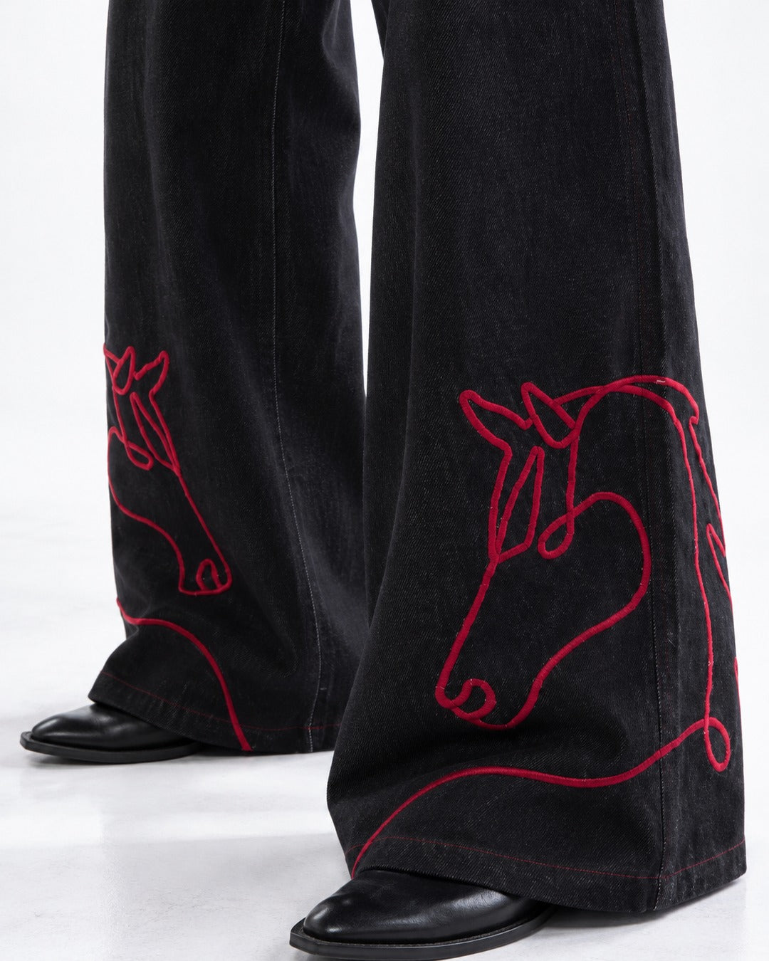 Red Horse Embroidered Wide-Leg Jeans