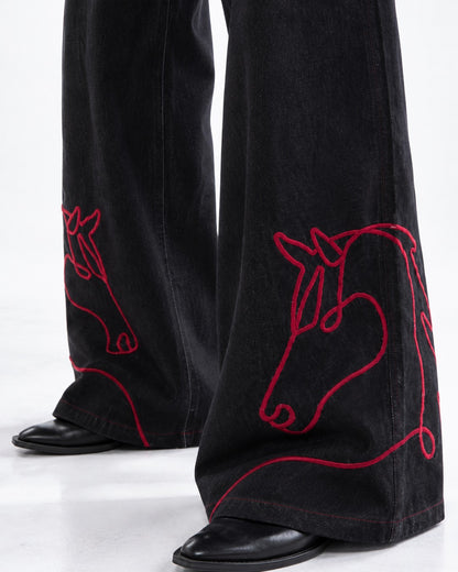 Red Horse Embroidered Wide-Leg Jeans