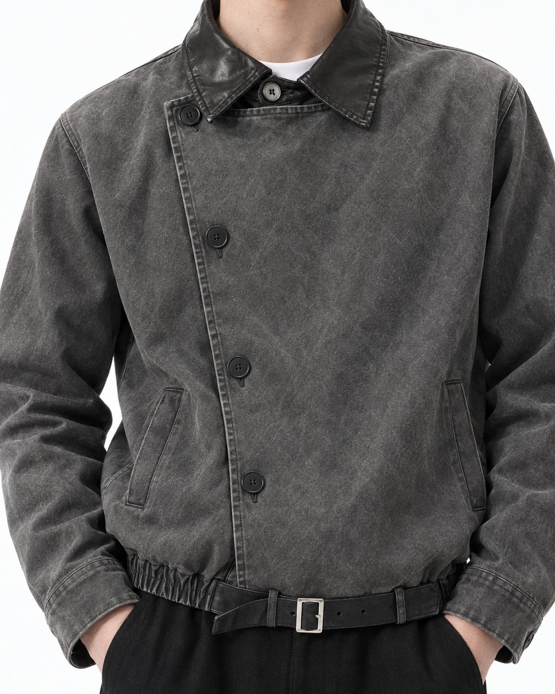 Diagonal Button Jacket with Contrast Collar