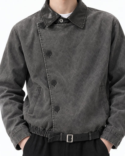 Diagonal Button Jacket with Contrast Collar