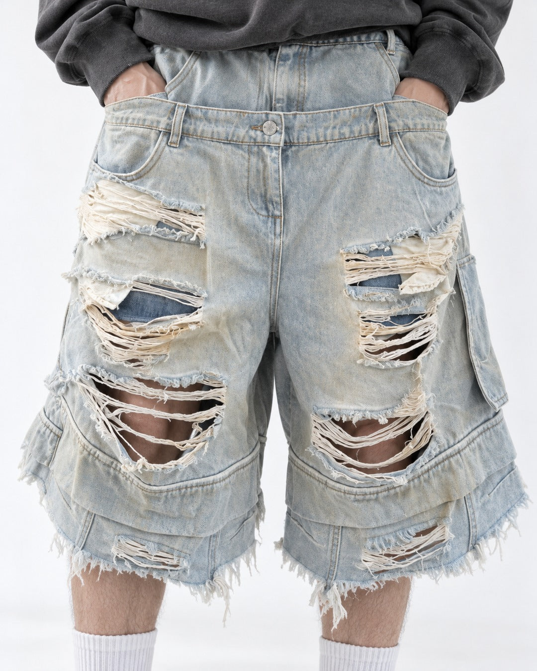 Double-Waist Shredded Denim Shorts