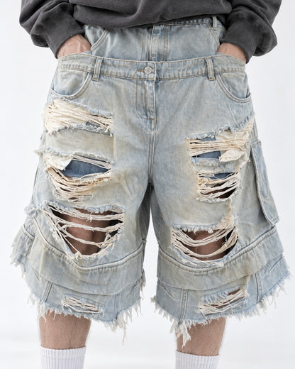 Double-Waist Shredded Denim Shorts