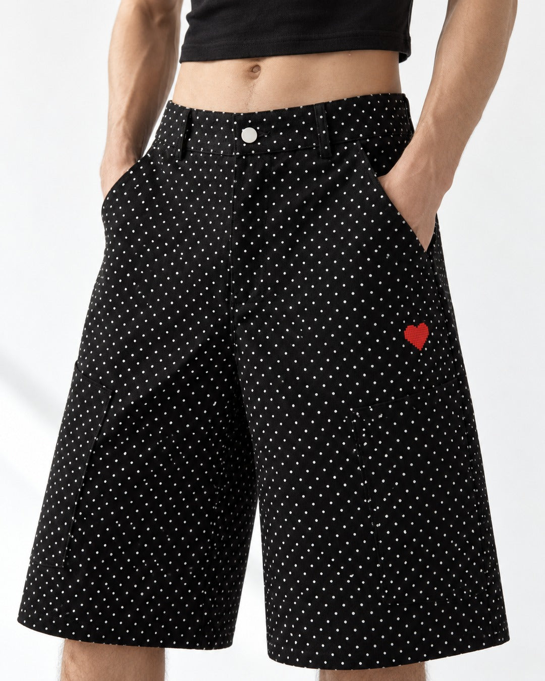 Polka Dot Wide Knee-Length Pants with Heart Embroidery