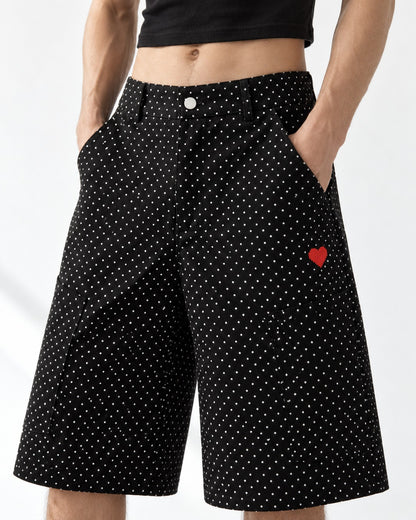 Polka Dot Wide Knee-Length Pants with Heart Embroidery