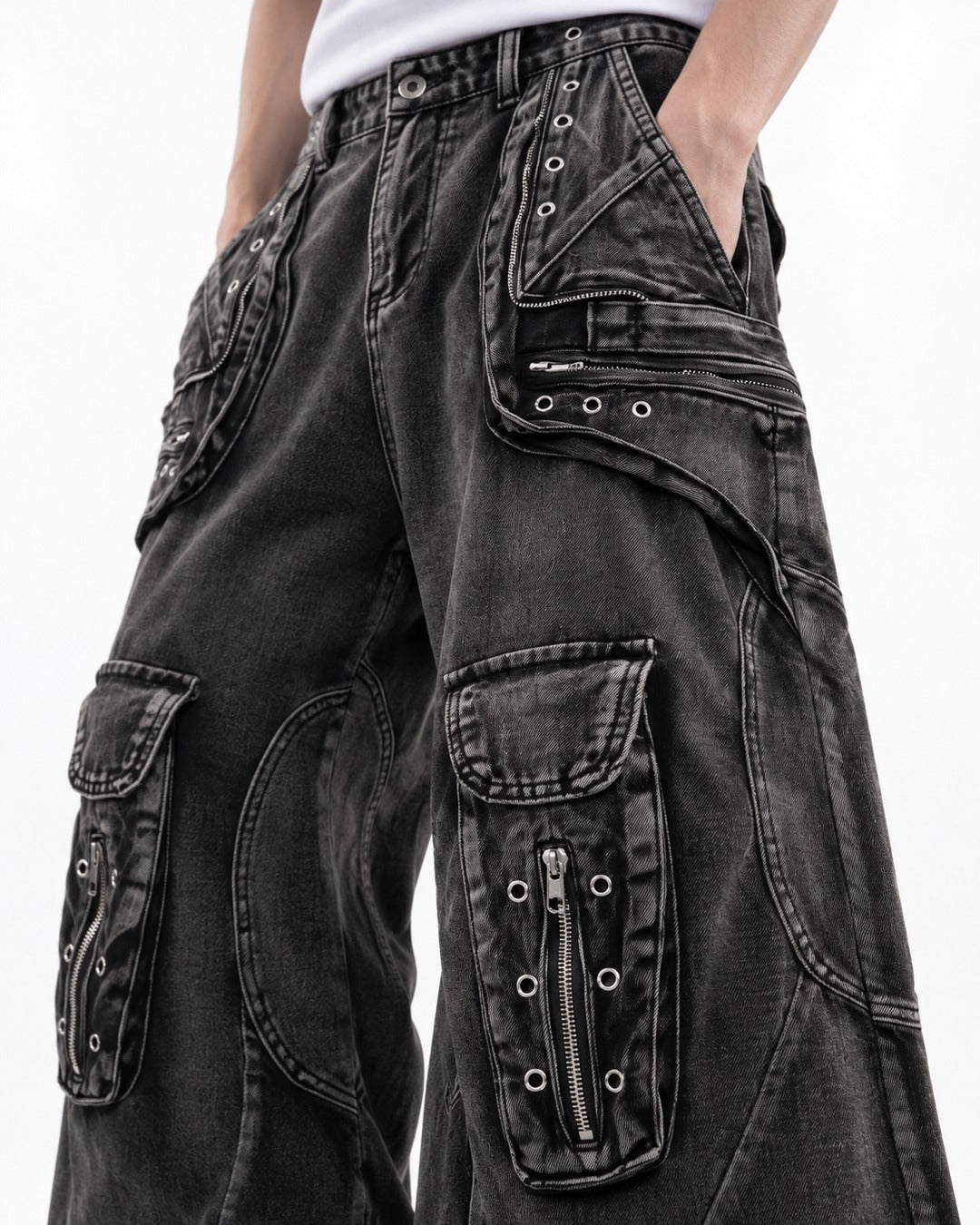 Eyelet Cargo Pocket Wide-Leg Jeans