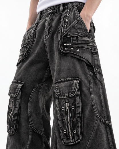 Eyelet Cargo Pocket Wide-Leg Jeans