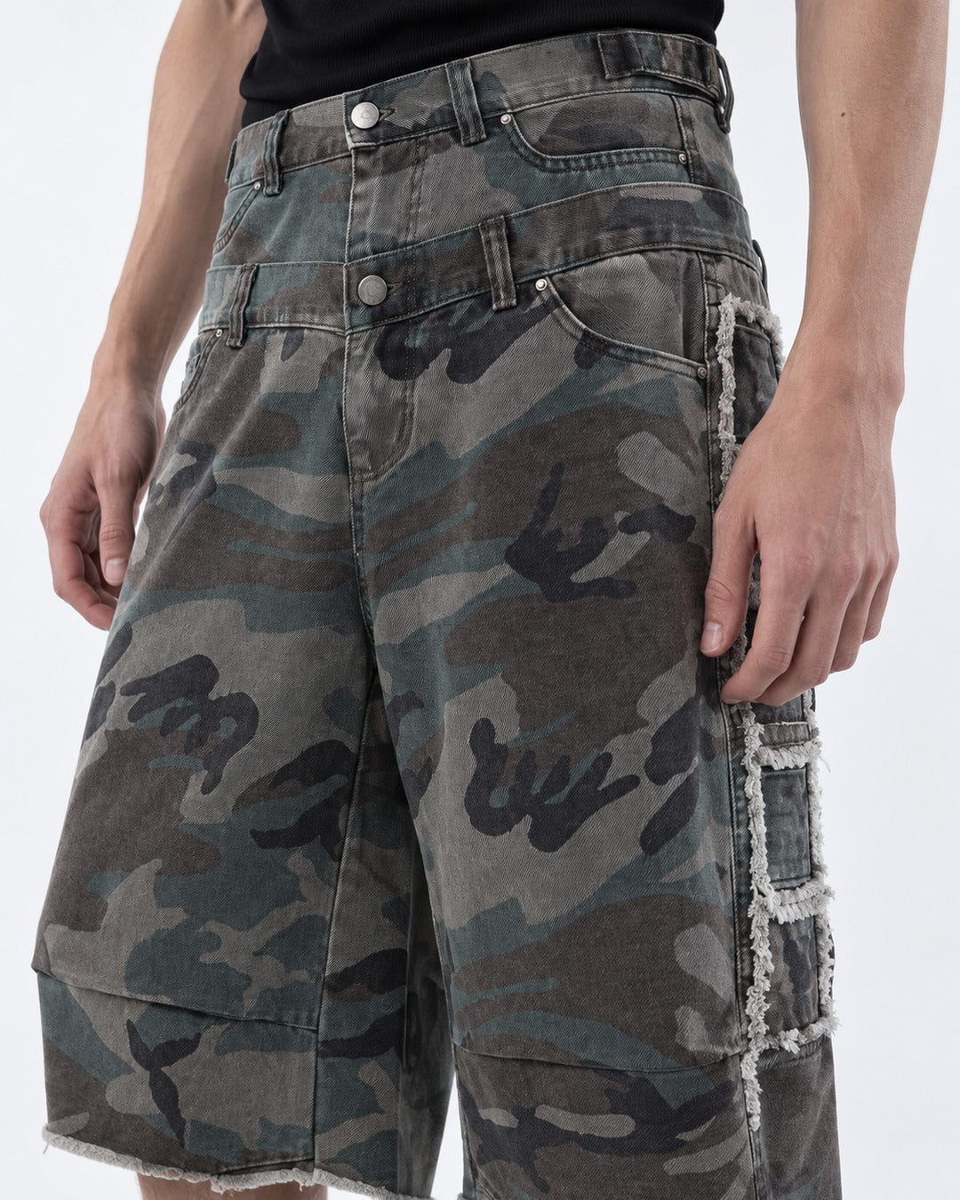 Frayed Camouflage Double Waist Shorts
