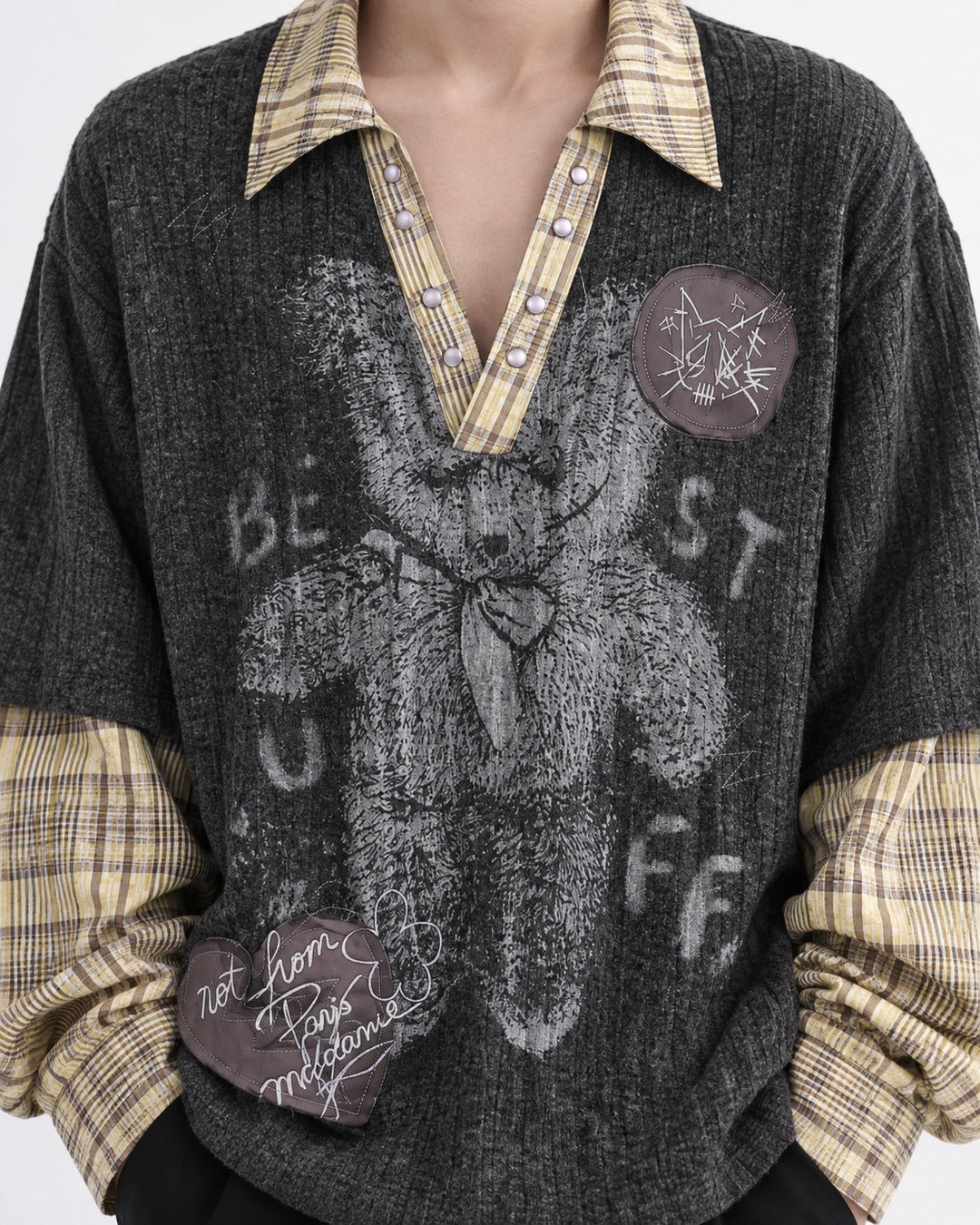 Layered Plaid-Trim Bear Graphic Knit Top