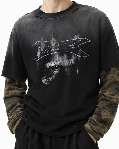 Camouflage Patchwork Gradient Wash Layered-Look T-Shirt