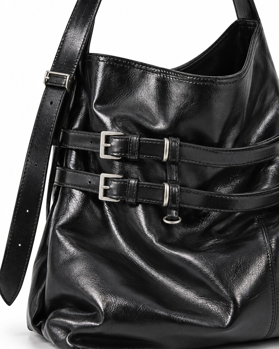 Glossy Black Buckle Strap Shoulder Bag