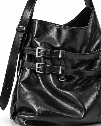 Glossy Black Buckle Strap Shoulder Bag