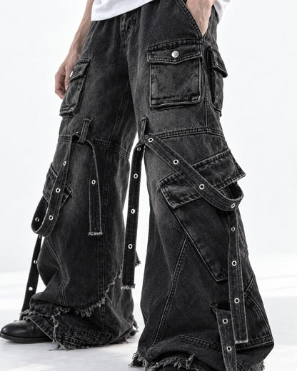 Strap Detail Frayed Hem Jeans