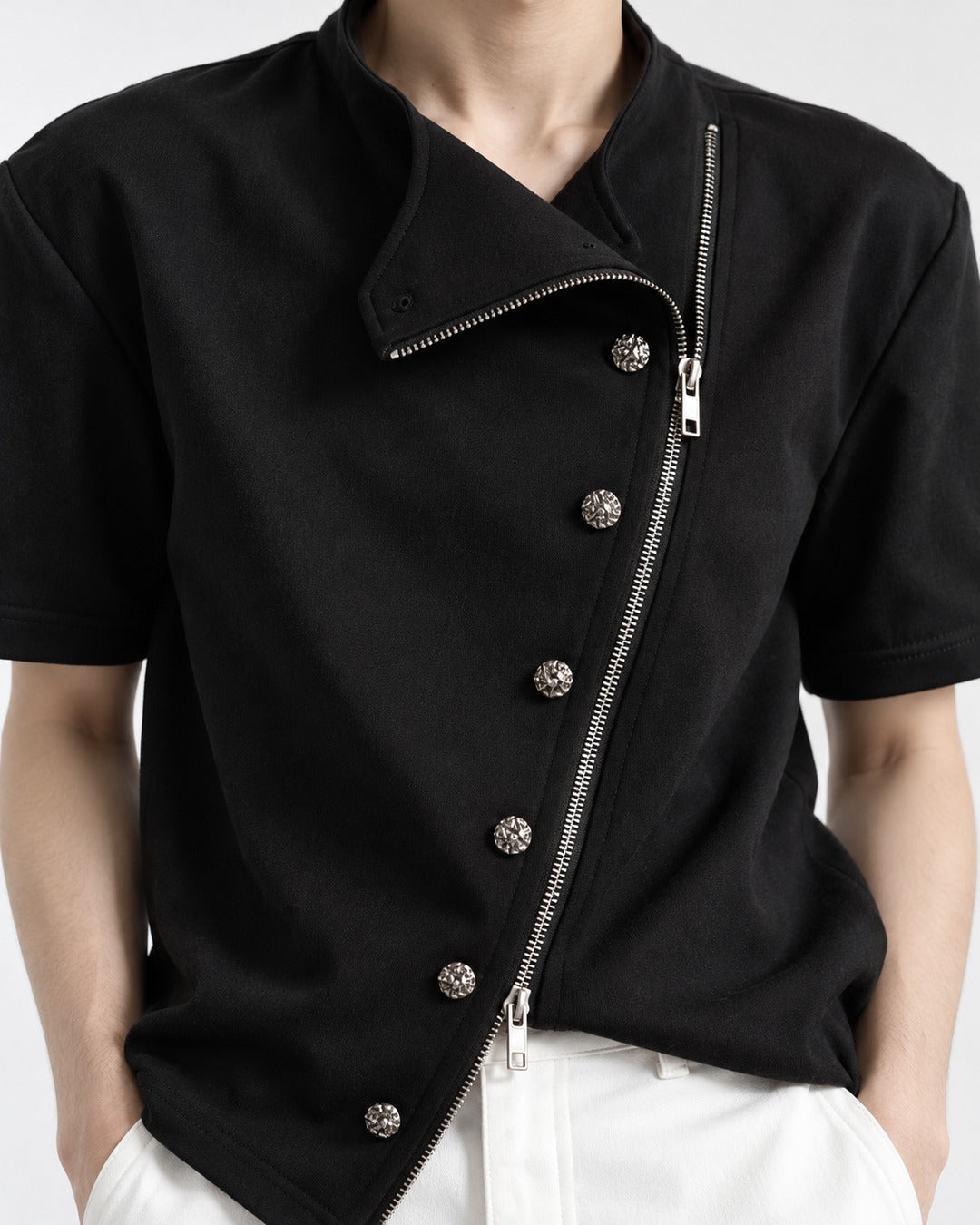 Diagonal Zip Stand Collar Top
