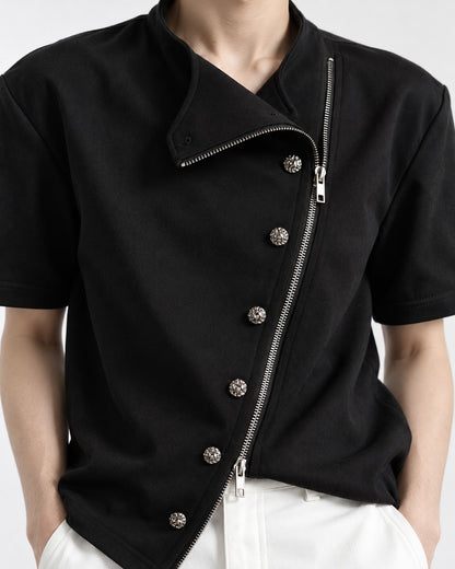 Diagonal Zip Stand Collar Top