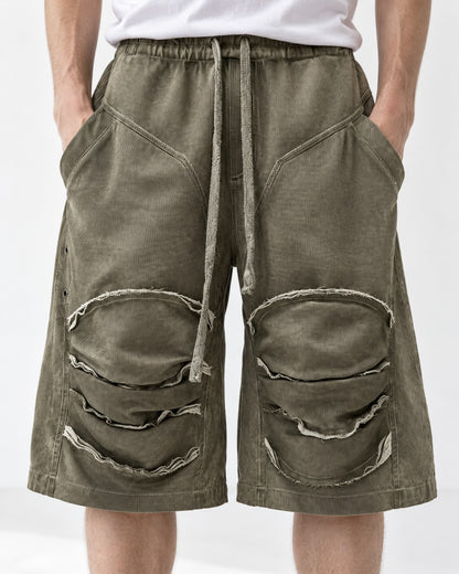 Raw Edge Knee Patch Drawstring Shorts