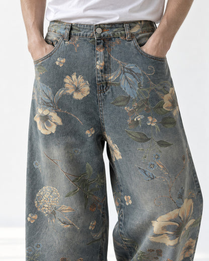 Floral Print Washed Wide-Leg Jeans