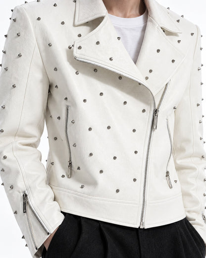 White Metal Rivet Biker Jacket
