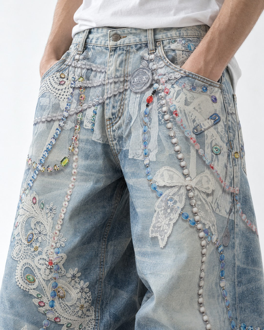 Pearl Chain Lace Print Baggy Jeans