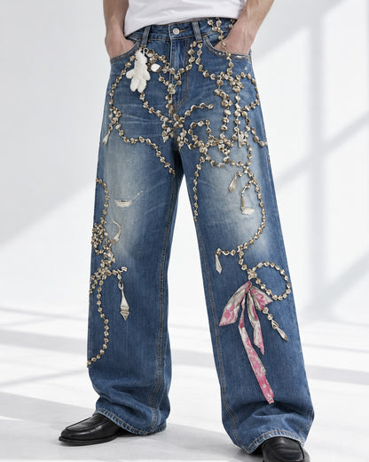 Chain Ribbon Embellished Jeans