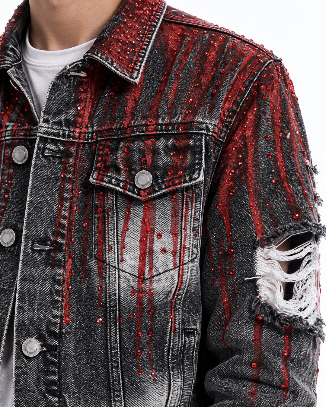 Hand-Painted Blood Rhinestone Denim Jacket and Pants Set-Up