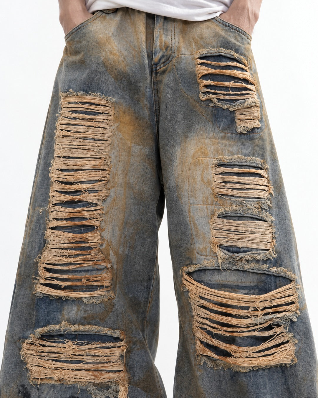 Heavily Distressed Wide-Leg Denim Pants