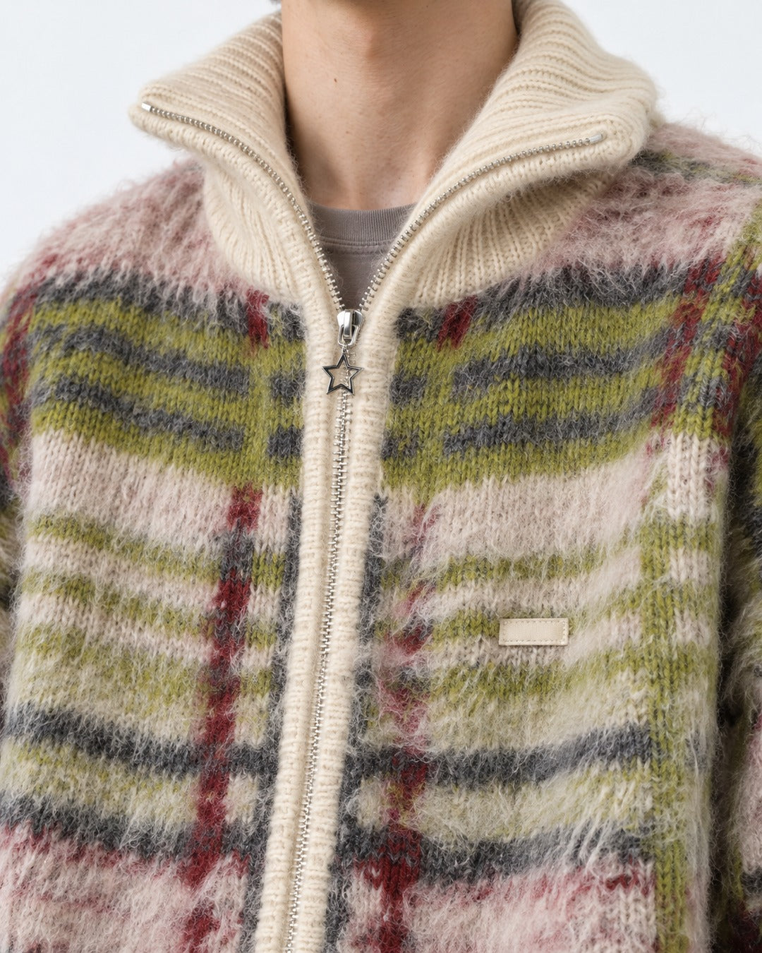 Mohair-Blend Plaid Zip Knit Jacket