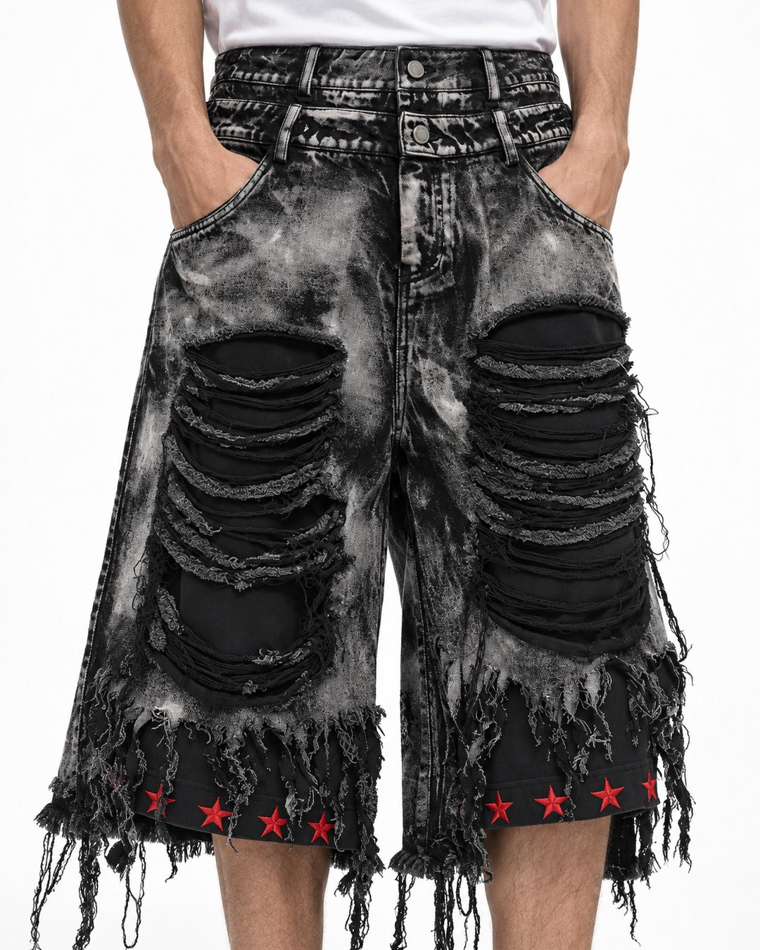 Distressed Fringe Denim Shorts with Red Stars