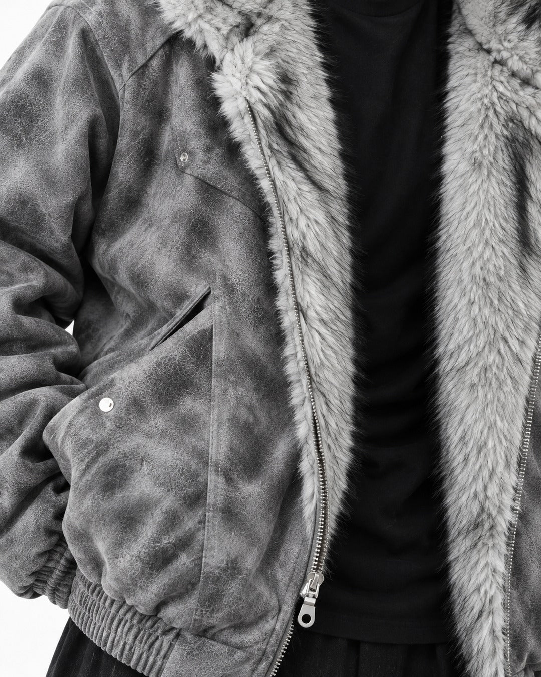 Mottled Grey Faux-Fur Lined Hooded Jacket