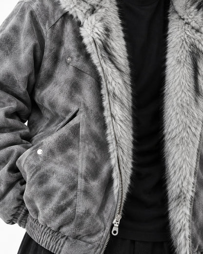 Mottled Grey Faux-Fur Lined Hooded Jacket