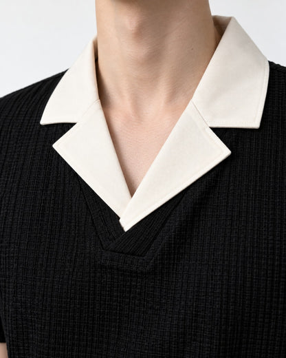 Contrast Lapel Textured V-Neck Tee