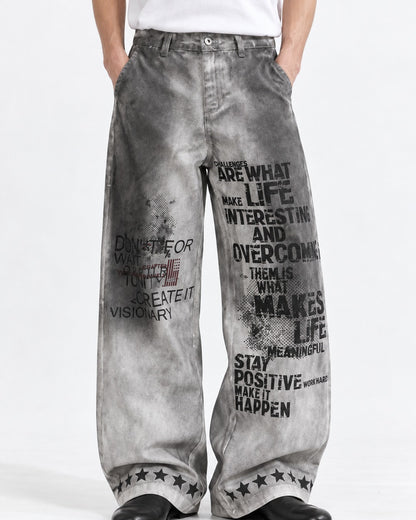 Gray Gradient Slogan Print Wide Pants