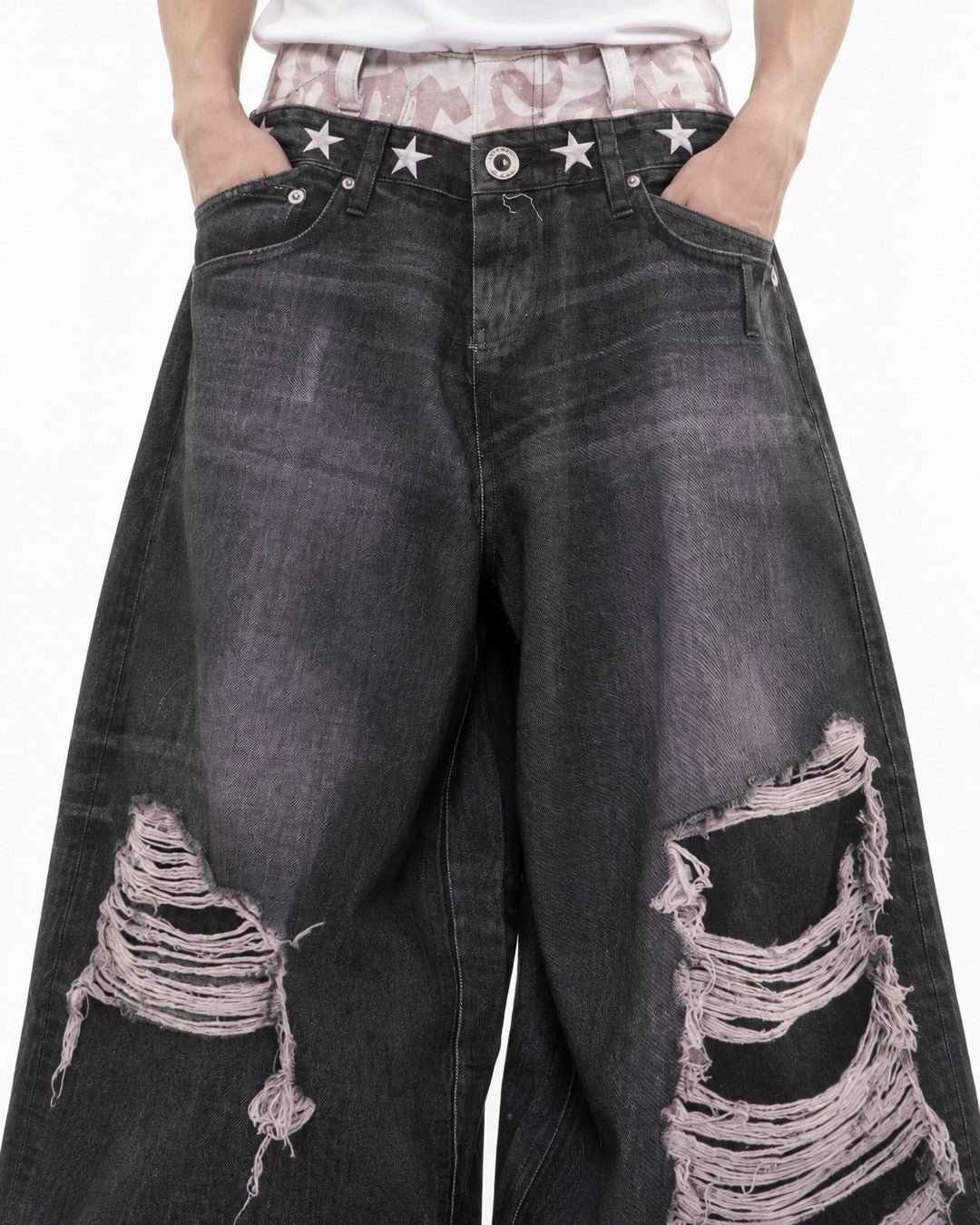 Star-Stud Double Waistband Shredded-Knee Jeans