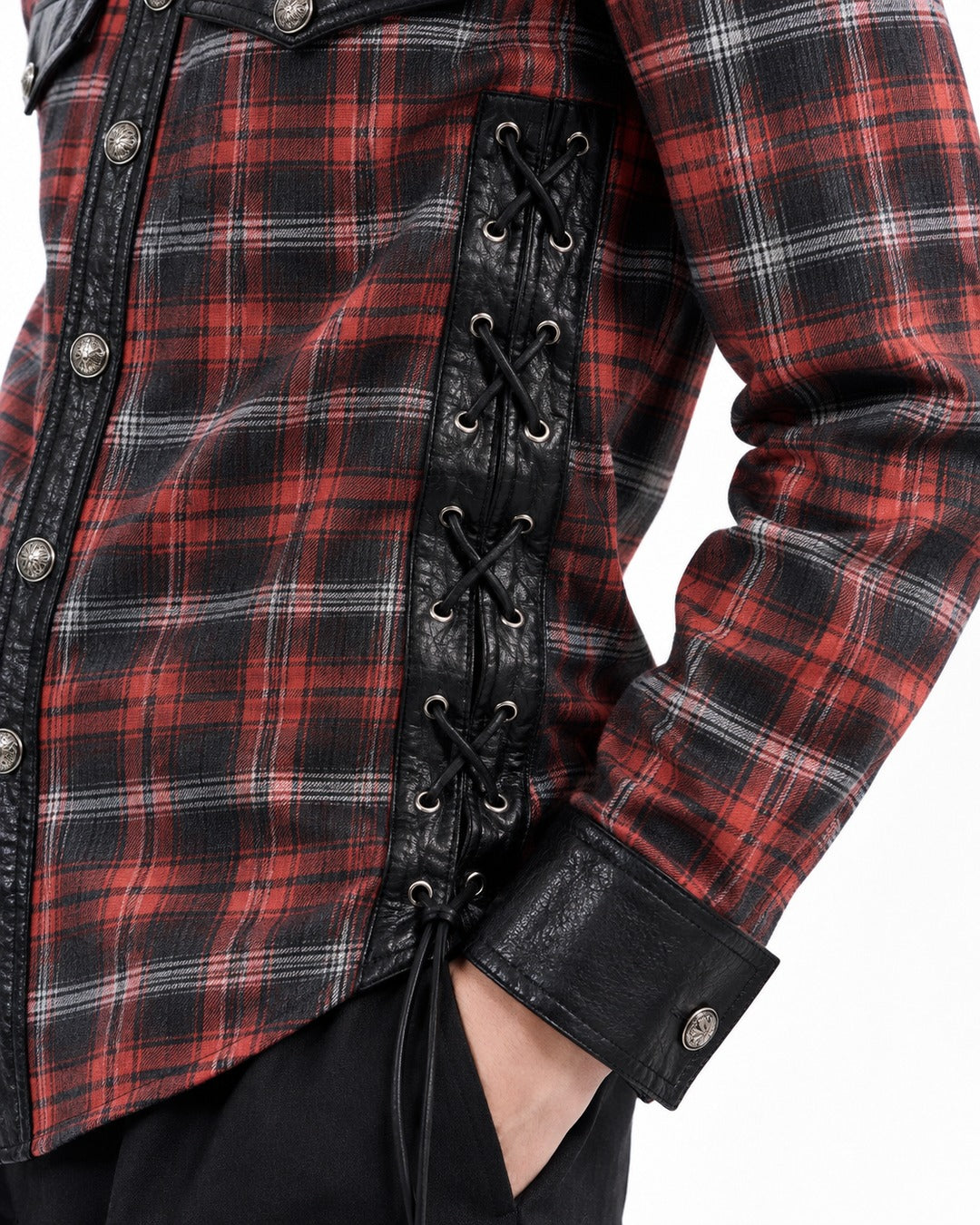 Red Plaid Shirt with Black Panels and Side Lacing