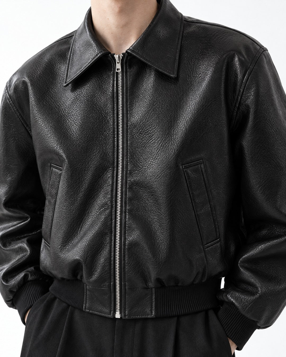 Boxy Shoulder-Pad Leather Bomber