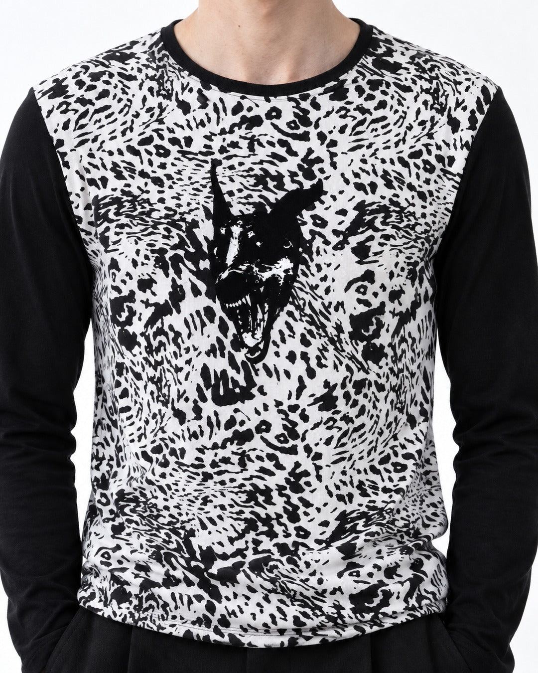 Wolf Head Leopard Color-Block Long-Sleeve T-Shirt