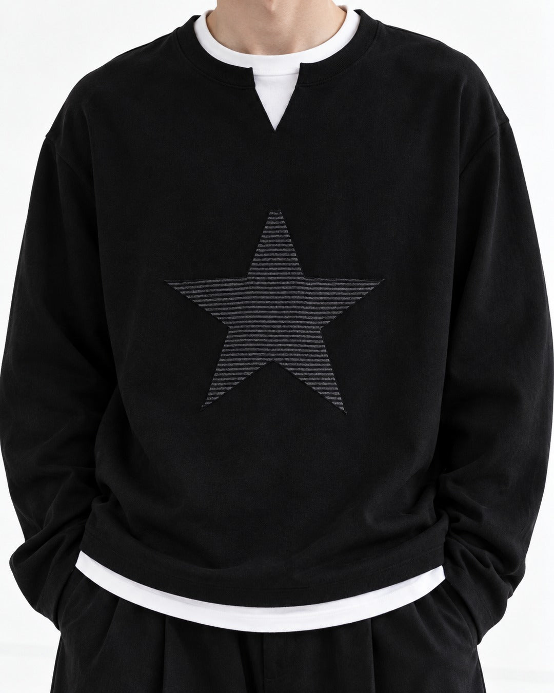 Star Patch Layered Notch Neck Sweatshirt