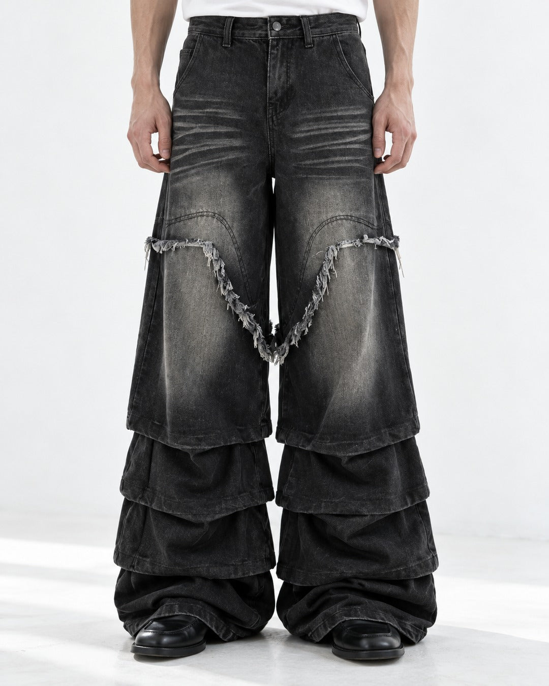 Fringed V-Seam Tiered Hem Jeans