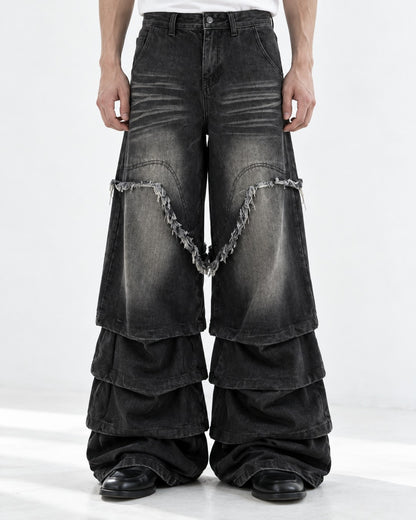 Fringed V-Seam Tiered Hem Jeans
